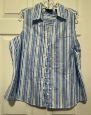 CRAZY HORSE top shirt blouse XL 18 Bust 44 Length 26 Blue Multi Striped Dots