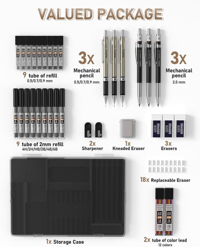 35PCS Art Mechanical Pencil Set 3 PCS Metal Drafting Pencil 0.5 Mm & 0.7 Mm New - Picture 6 of 8