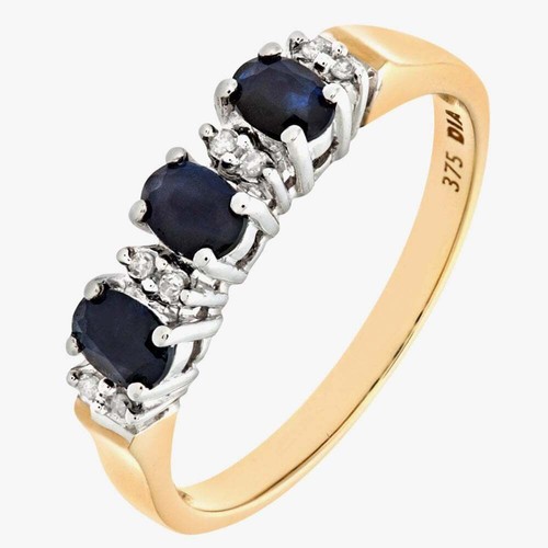 9ct Yellow Gold Three Oval Sapphire Stone 0.04ct Diamond Half Ring PR06491Y SA - Picture 3 of 5