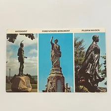 Plymouth Monuments Massasoit Forefathers Pilgrim Maiden MA Postcard