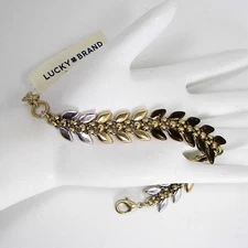 Lucky Brand Tri-Tone Leaf Link Bracelet Silver Gold Antq Copper Tone Leaves 