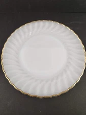 Anchor Hocking Fire King Suburbia Milk Glass Swirl Gold Rim 10” Dinner Plate