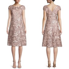 NEW ALEX EVENINGS Blush EMBELLISHED Floral SEQUIN Soutache A-LINE Midi DRESS 6