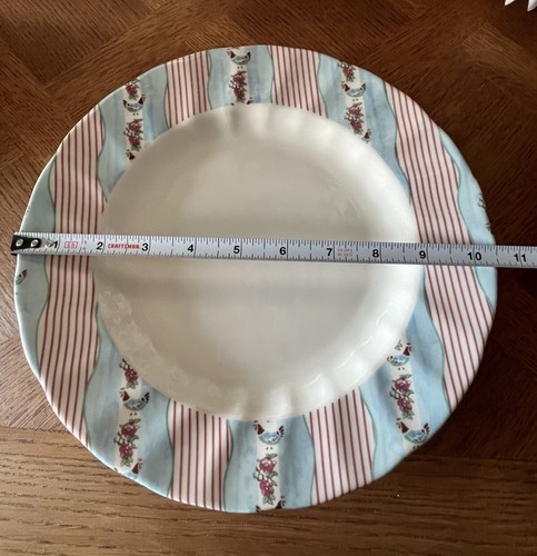 6-Johnson Bros. SILKY STRIPE Farmhouse Chic Dinner Plates Roses Roosters Cottage - Picture 9 of 13