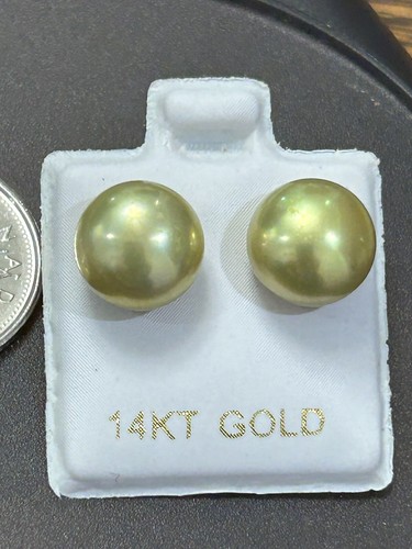 Vintage Genuine Soft Green Pearl Earrings, 14K yellow gold, New - 第 1/4 張圖片