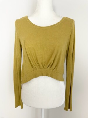 Bordeaux Womens Cropped Knit Sweater Size XS Mustard Yellow Scoop Neck Pleated