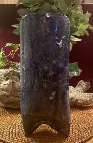 ART STUDIO Pottery 12" Textured VASE Blue Glaze STONEWARE Freeform Slab - Picture 3 of 15