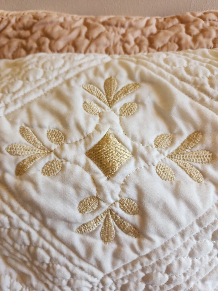 Set of 2 NJ Linen Embroidered Brown/Gold White Floral Standard Pillow Shams - Image 4 of 4