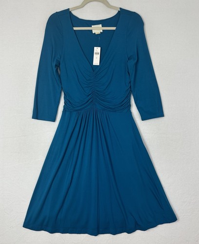 Maeve Anthropologie A Line Dress Turquoise Ruched V-Neck 3/4 Sleeve Size M NWT - Picture 1 of 16