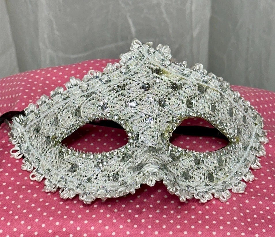 Mask, Adult, Costume, Masquerade, Party, Prop, White Lace, Rhinestones Tie PP022 - Image 2 of 4