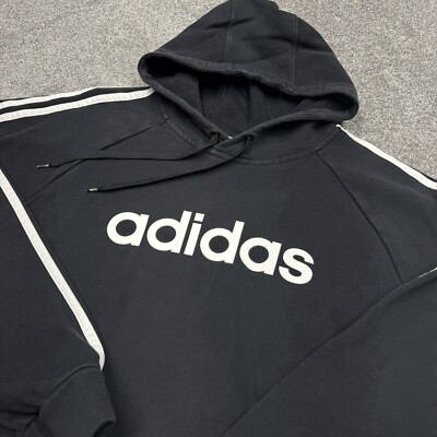Adidas Sweatshirt Men Large Black Pullover Athletic Hoodie Gym Train Stripes