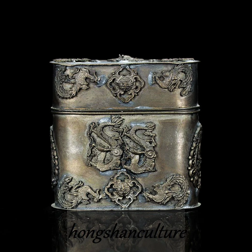 Caixa padrão dragão chinesa antiga prata tibetana feita à mão - Imagem 2 de 4
