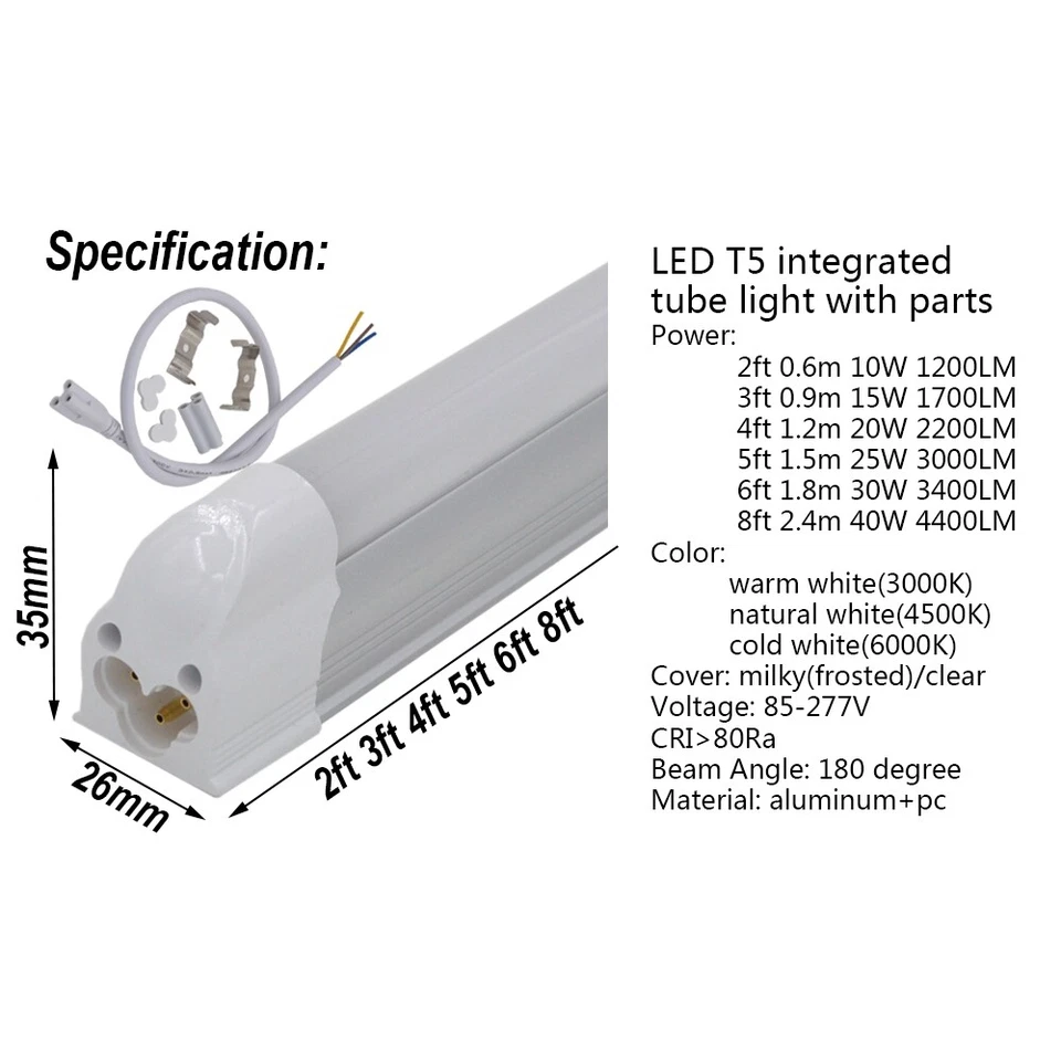 T5 Integrated Bulb LED tube light 2FT.3FT.4FT.5FT.6FT.8FT slim bar lamp 85-277V - Image 2 of 4