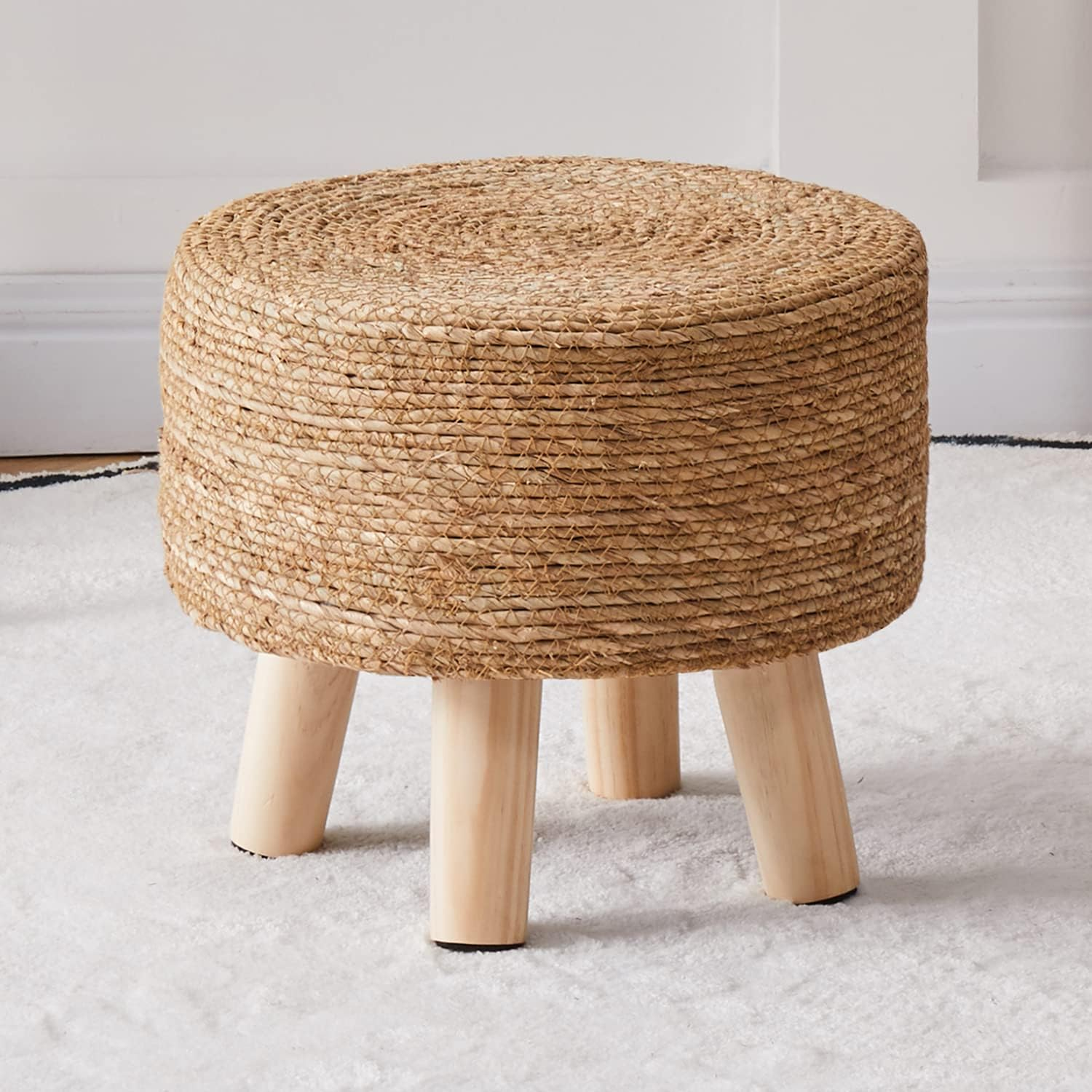 Natural Seagrass Handwoven Round Ottoman Foot Stool for Couch and Living Room