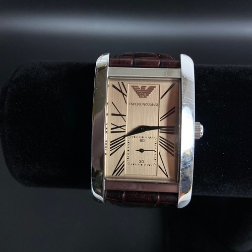 EMPORIO ARMANI AR0154 RECTANGLE MENS WATCH BROWN LEATHER STRAP BEIGE DIAL - Picture 2 of 11