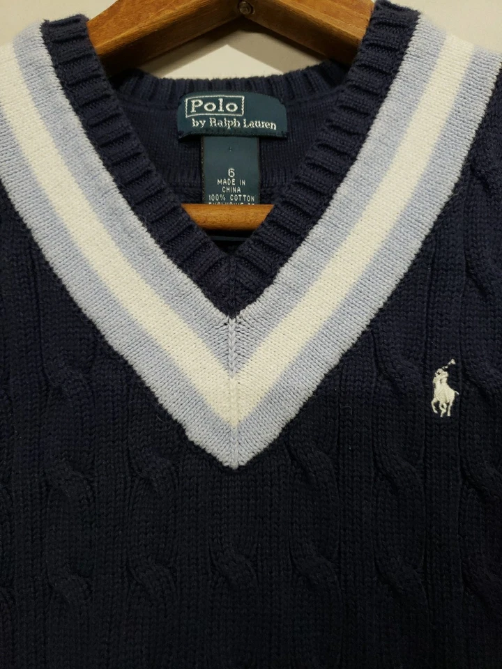 Chaleco suéter tejido con cable azul marino Ralph Lauren para niño talla 6 pulóver 100 % algodón Foto 4 de 4