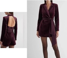 Express Burgundy Velvet Long Sleeve Open Back Tie Waist Romper Mini Dress Sz 4