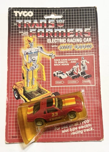 TYCO #7023 TRANSFORMERS AUTOBOT Turbo Mustang Red #23 Nite Glow  HO Slot Car MOC