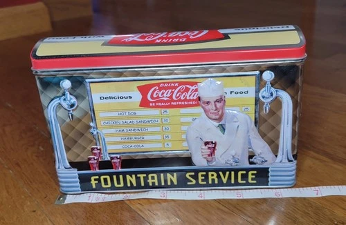 Vintage Embossed Coca Cola Fountain Service Removable Lid Tin Box (Circa 2003)