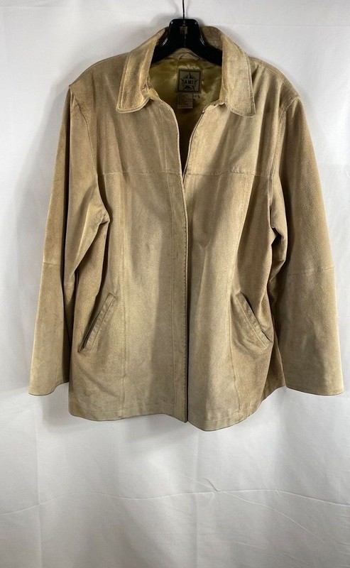 AMI Women's Tan Suede Leather Full Zip Jacket Collared Vintage Y2K Sz L
