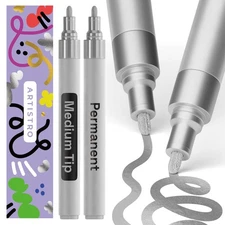 ARTISTRO 2 Silver Permanent Marker - Waterproof Markers for Tire, Fabric, Roc...