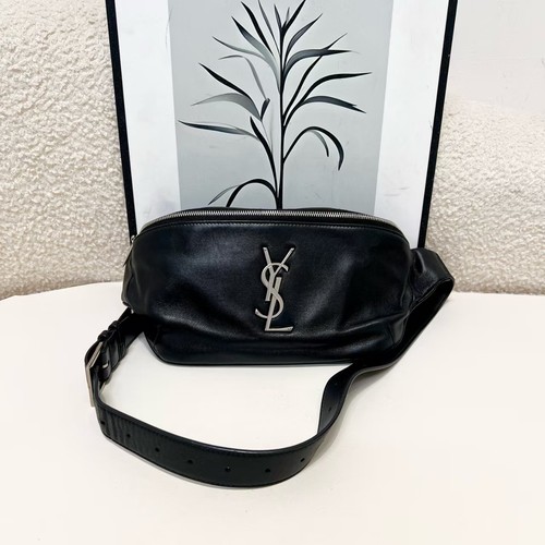 AUTH Saint Laurent (YSL) Black Smooth Leather Classic Monogram Belt Bag