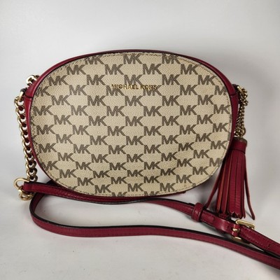 MICHAEL KORS Ginny Crossbody Bag Red Gold Chain Leather Signature Charm