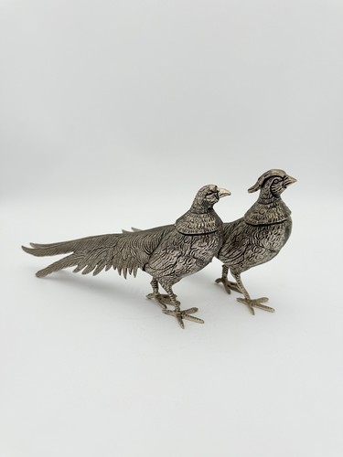 Vintage Fasanen Figuren Made in Italy silberfarben Paar männlich weiblich 11" Vögel