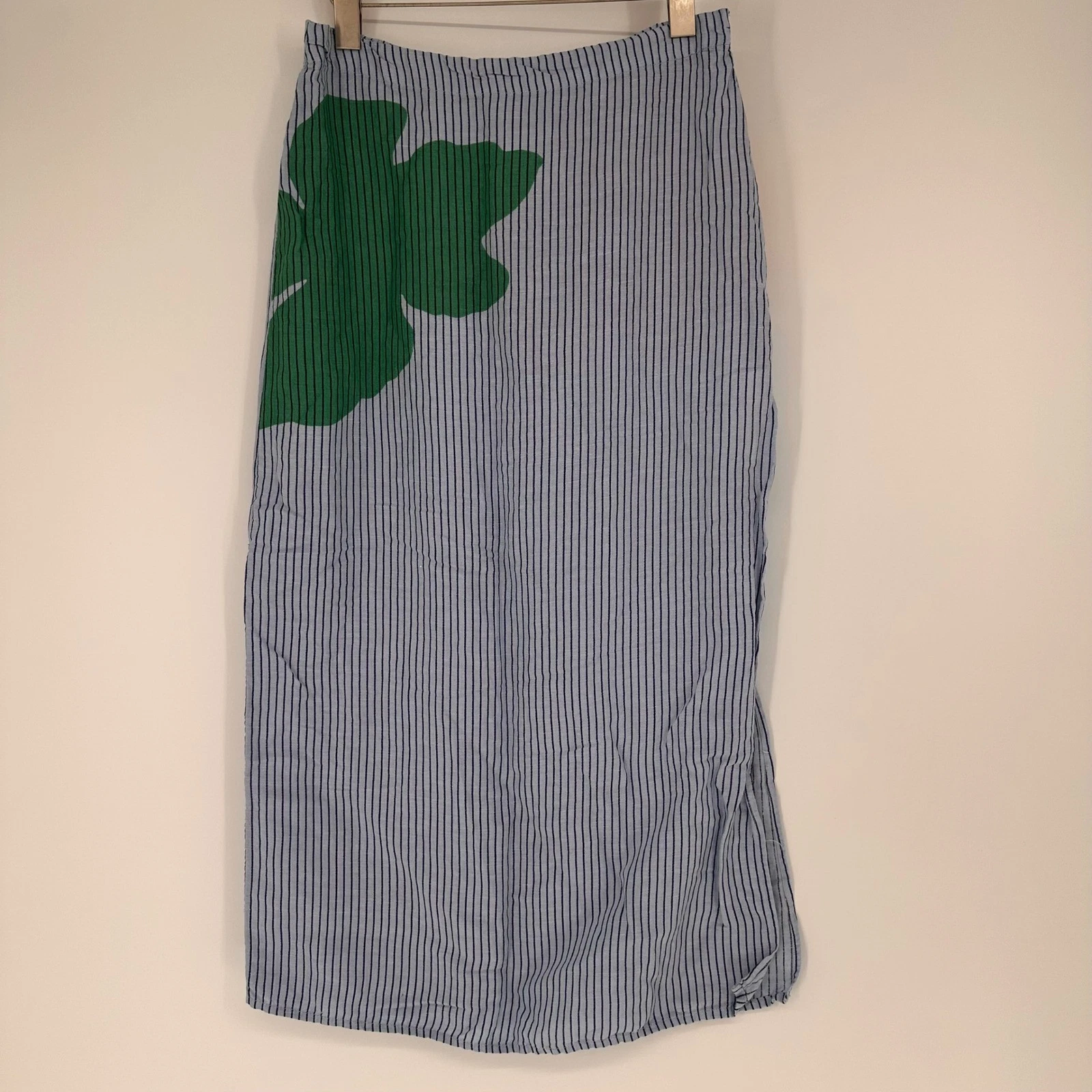 Anthropologie Nautical Striped Floral Linen Blend Midi Skirt Blue Boho Coastal