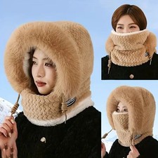 Women Winter Thermal Plush Hat Hood Scarf Mask Windproof Thick Design for Riding