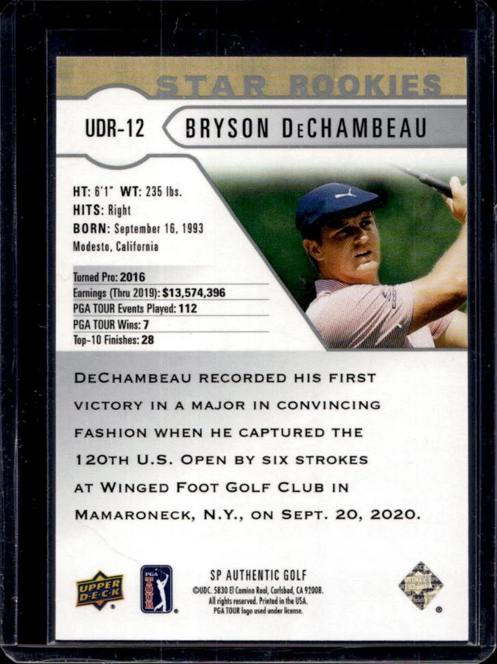 2021 SP Authentic Bryson DeChambeau Upper Deck Star Rookies #UDR-12 - Image 2 of 2