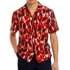 Hugo Boss Men's HUGO Ellino Abstract Camp Shirt Viscose Straight Fit Open Pink