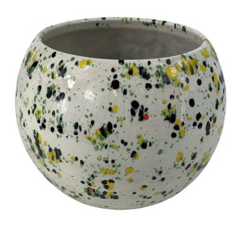 Vintage Arnels Speckled Ceramic Planter Pot Black Yellow Green Splatter Glaze - Picture 4 of 13