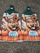 Hand Chrochet hanging Kitchen Towel set of 2 HEY FALL Highland Cow Pumpkins