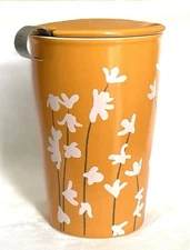 Tea Forte Cup w/ Lid Stainless Infuser Loose Leaf Ceramic Penstemon Floral New