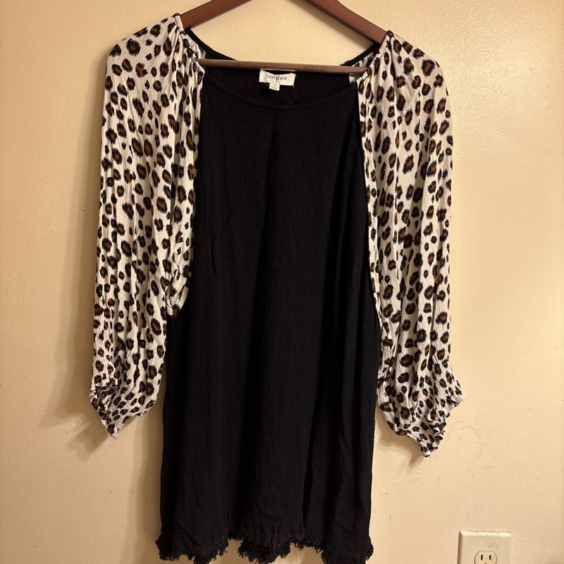 Ladies Size Medium Animal Print Sleeves On A Black Blouse . Raw Hem.