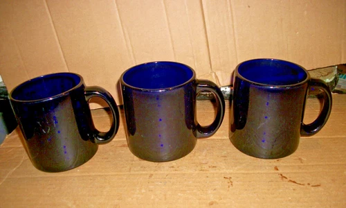 3 Vintage Cobalt Blue Heavy Glass Coffee Mugs/Cups/Teacups USA Made