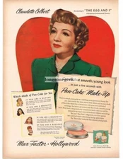 1947 MAX FACTOR Pan-Cake Make-Up Face Powder CLAUDETTE COLBERT Vintage Print Ad
