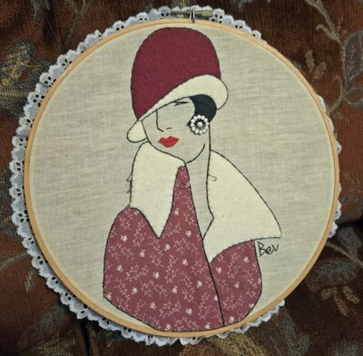 Vtg Art Deco Lady Felt Fabric Embroidery Hoop Picture W Rhinestone Earring