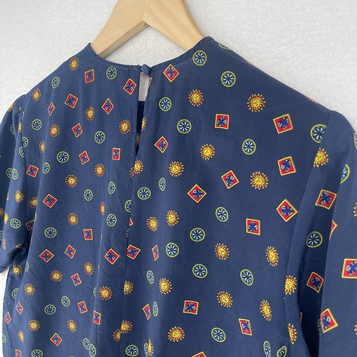 TALBOTS Top 6P Silk Sun Print Sun Print Short Sleeve Keyhole Back Vintage Blue - Picture 9 of 12
