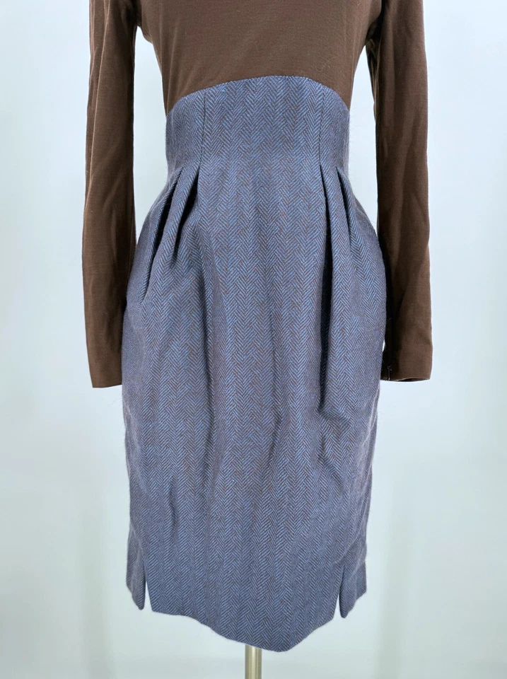 Vestido de lana plisada en espiga azul marrón vintage de Geoffrey Beene Foto 3 de 4
