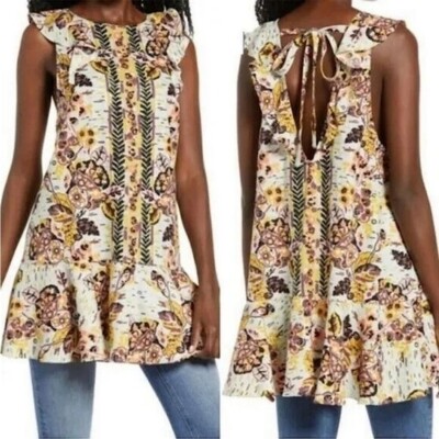 Free People XS Summer in Tulum Linen Floral Sleeveless Ruffle Tunic Tank Top