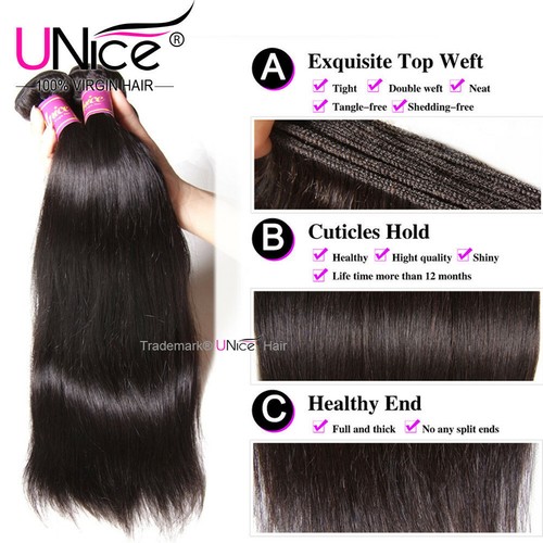 UNice Peruvian Straight 4 Bundles Hair Weaves 100% Virgin Human Hair Extensions - Picture 3 of 13