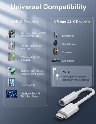1-Pc USB-C to 3.5mm Audio Adapter   HiFi Headphone Dongle for iPhone & Samsung