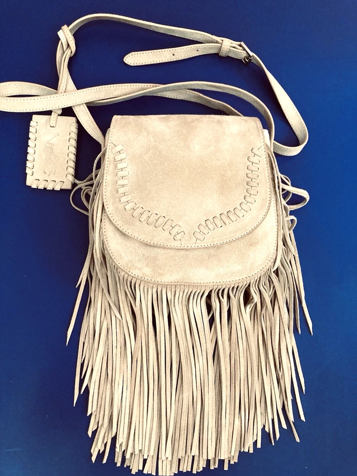 Polo Ralph Lauren LT Tan Sm Suede Fringe Detail Cross Body Bag Snap Close NWOT - Image 3 of 4