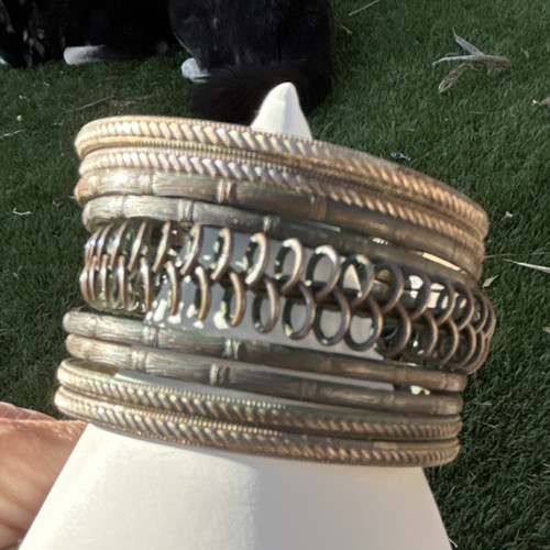 Middle Eastern Brass Cuff Bracelet Silver Tone Gold Accents Ethnic Style