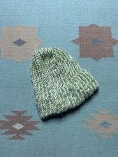 Hand knit crochet beanie skull cap winter hat light green white adult one size