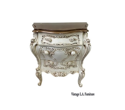 Vintage French Italian Rococo Louis XVI Style Cream Ornate Bombe Nightstand