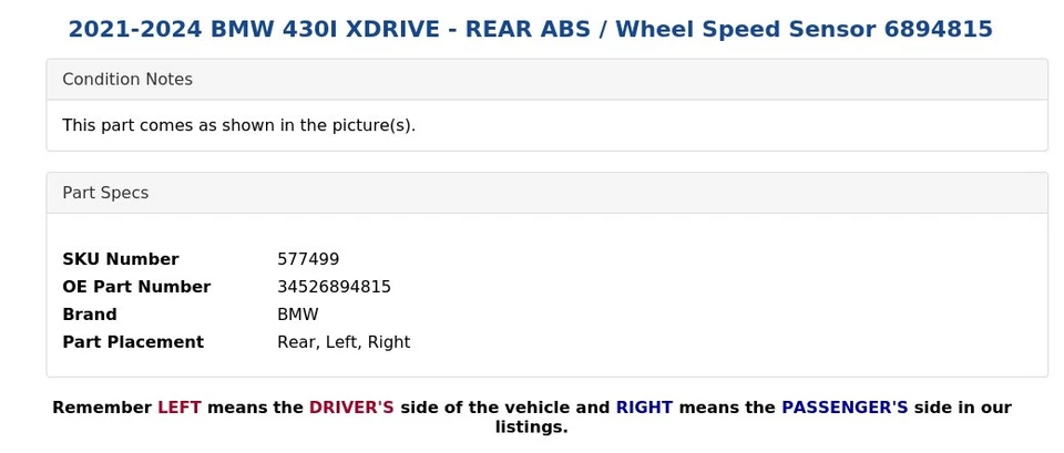 BMW 430I XDRIVE 2021-2024 - ABS TRASERO / Sensor de velocidad de rueda 6894815 Foto 4 de 4