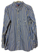 CHAPS Button Up Shirt Blue Yellow White Cotton Striped Long Sleeve Size XL